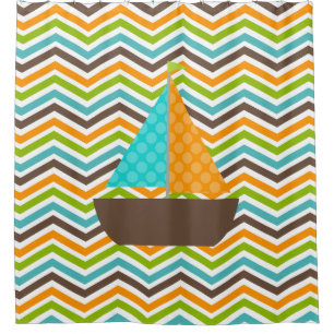 Rideaux De Douche Nautique Ocean Bright Sailboat sur Chevron Stripes