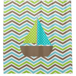 Rideaux De Douche Nautique Ocean Bright Sailboat sur Chevron Stripes