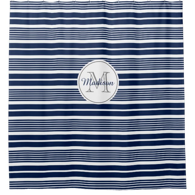 Rideaux De Douche Navire monogramme de Preppy Bleu et Blanc rayé (Devant)