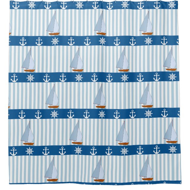 Rideaux De Douche Navires nautiques Roue Ancre Bleu Blancs (Devant)