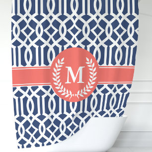 Rideaux De Douche Navy et Coral Treillis Marocain Monogramme