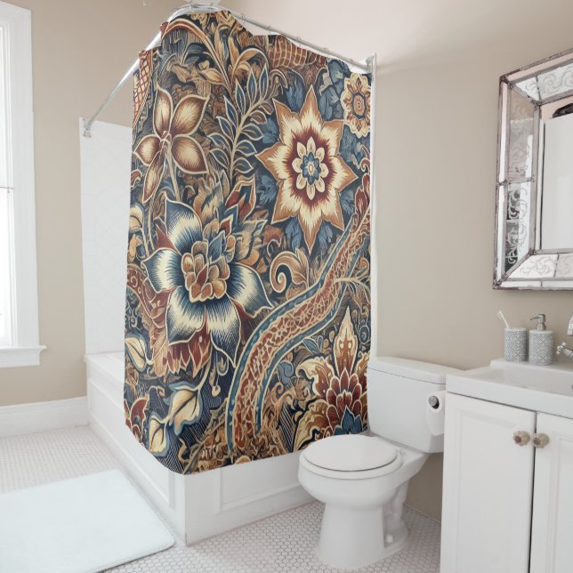 Rideaux De Douche Navy Terracotta Boho Batik Aquarelle Florale (En situation)