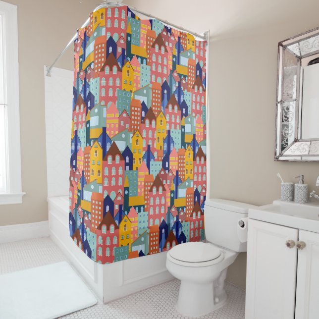 Rideaux De Douche Neighborhood Block City Houses Pattern (En situation)