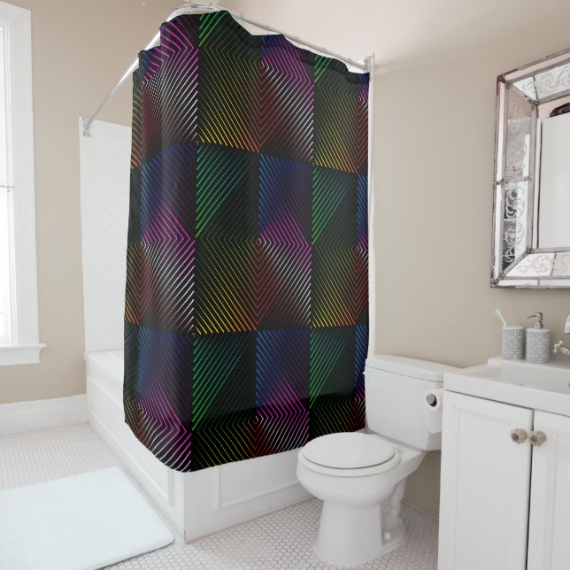 Rideaux De Douche Neon Rainbow Prismes Carrés sur noir (En situation)