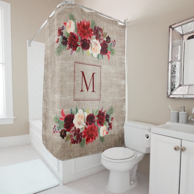Rideaux De Douche Noël Boho Chic Floral Branche Burlap Monogramme (En situation)