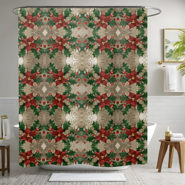 Rideaux De Douche Noël de luxe Poinsettia Holly Festive (Créateur téléchargé)