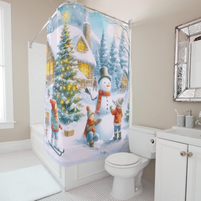 Rideaux De Douche Noël de Snowman des années 1950 (En situation)