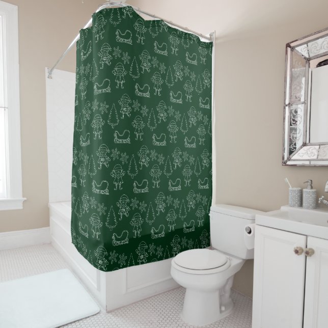 Rideaux De Douche Noël Doodelfes & Snowflakes Pine Green (En situation)