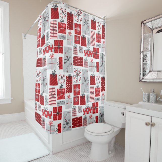 Rideaux De Douche Noël Festif Rouge argent moderne Cadeaux (En situation)