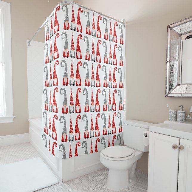 Rideaux De Douche Noël Gnomes nains Motif rouge gris blanc (En situation)