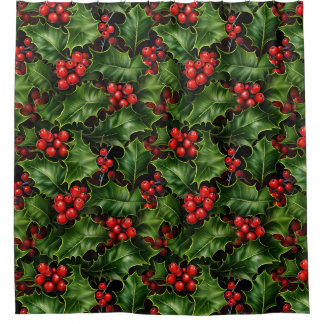 Rideaux De Douche Noël Holly Feuilles Et Red Berries Motif