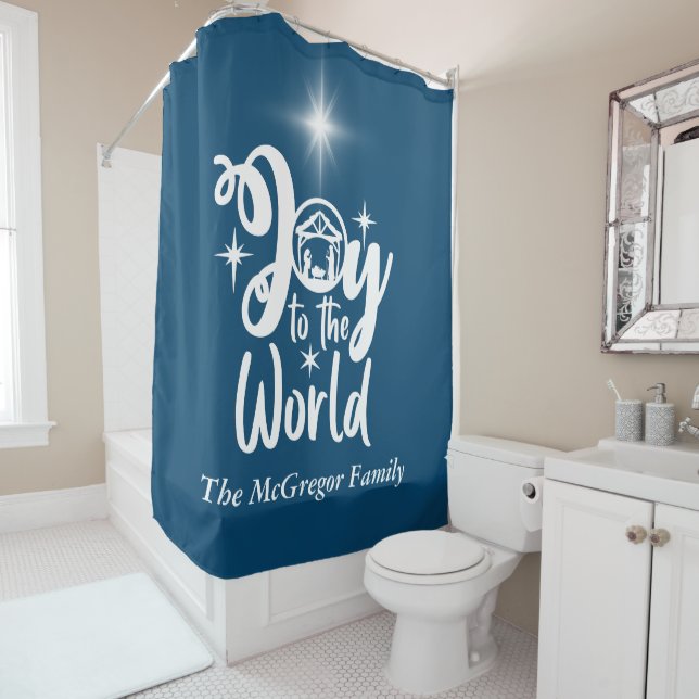 Rideaux De Douche Noël Nativité Joie au monde Bleu & Blanc (En situation)