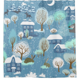 Rideaux De Douche Noël rustique de pays bleu-clair et blanc