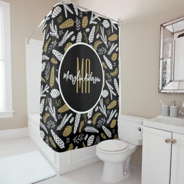 RIDEAUX DE DOUCHE NOËL VACANCES FLORALES MONOGRAMME PERSONNALISÉ (En situation)