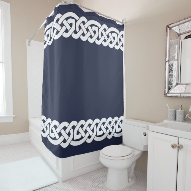 Rideaux De Douche noeuds celtiques, ornement, bleu marine, blanc (En situation)