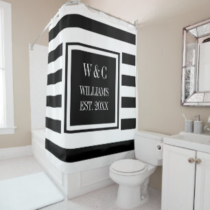 Rideaux De Douche Noir Blanc Blancs Élégant Monogramme tendance