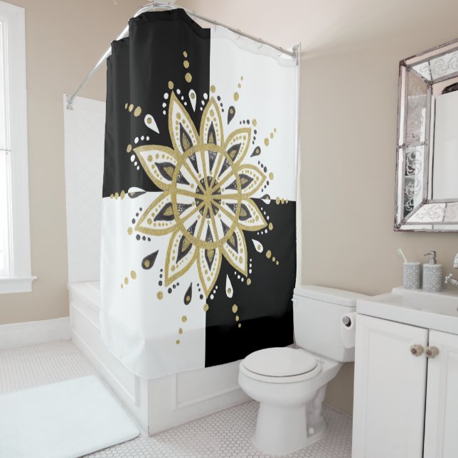 Rideaux De Douche Noir & blanc carré Or & Noir Mandala (En situation)