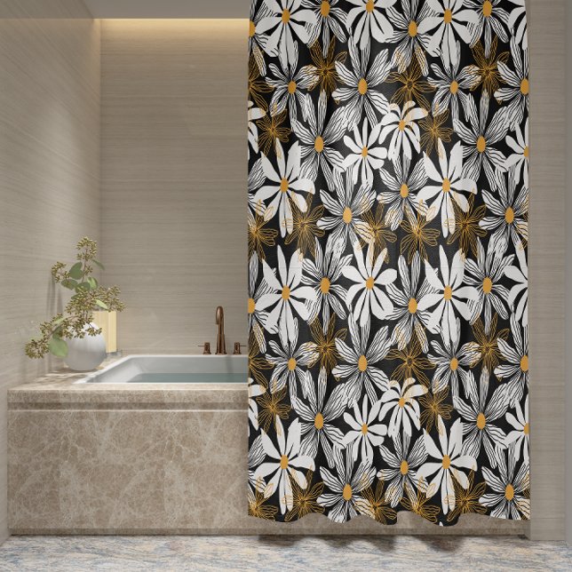 Rideaux De Douche Noir, Blanc, Jaune Élégant Faisy Abstrait (Black, White, Yellow Elegant Daisy Floral Abstract Shower Curtain)