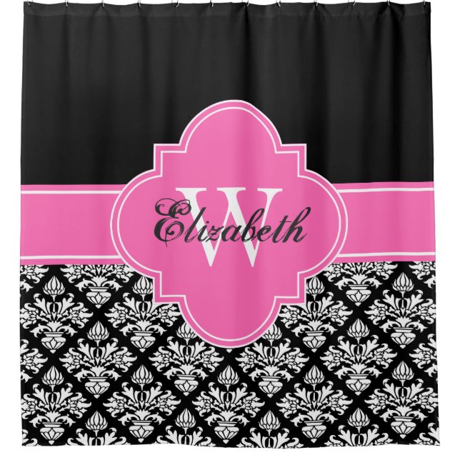 Rideaux De Douche Noir blanc LG Damask #3 CB1IR Hot rose Monogramme (Devant)
