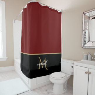 Rideaux De Douche Noir | Bourgogne & Or Monogramme Élégant Luxe