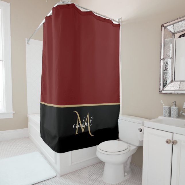 Rideaux De Douche Noir | Bourgogne & Or Monogramme élégant luxe (En situation)