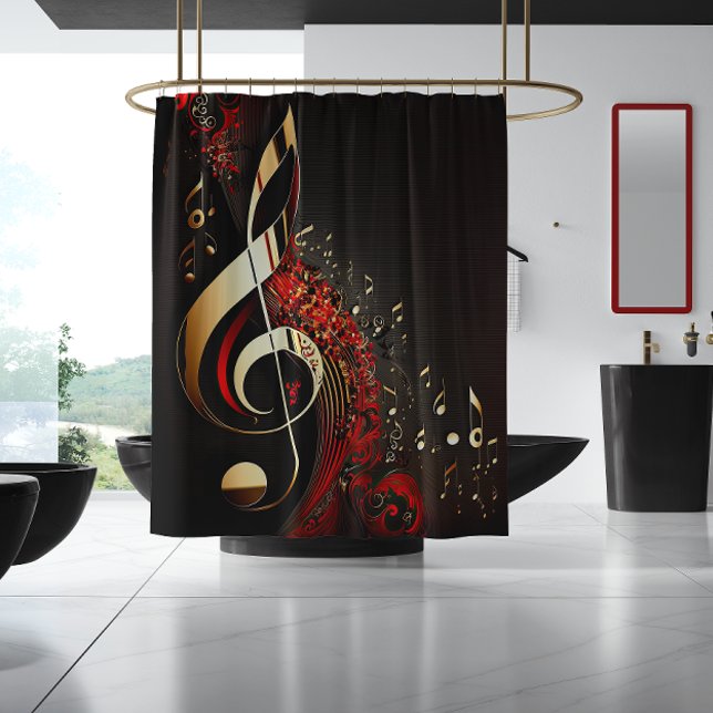 Rideaux De Douche Noir Chic Red et Gold Clef Note (Créateur téléchargé)