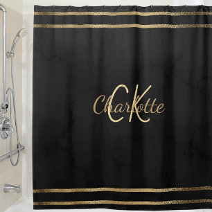 Rideaux De Douche Noir en or monogrammé