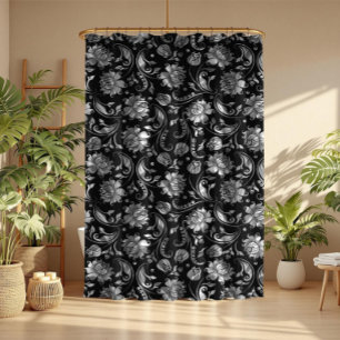 Rideaux De Douche Noir et Argent brillant Tons Floraux Damas