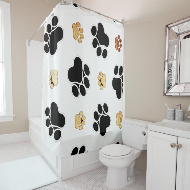 Rideaux De Douche Noir et blanc canin bronzage d'empreinte de patte (En situation)