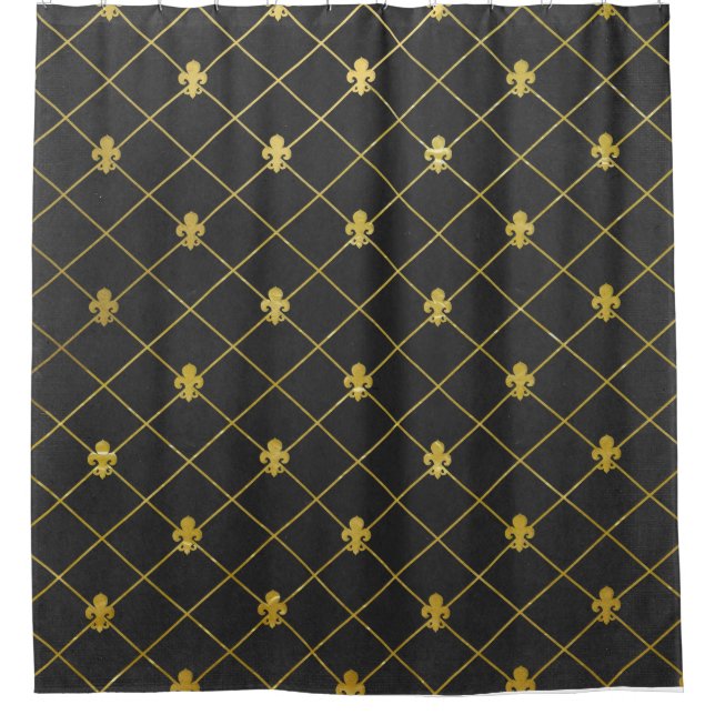 Rideaux De Douche Noir et or. Fleur De Lis. (Devant)