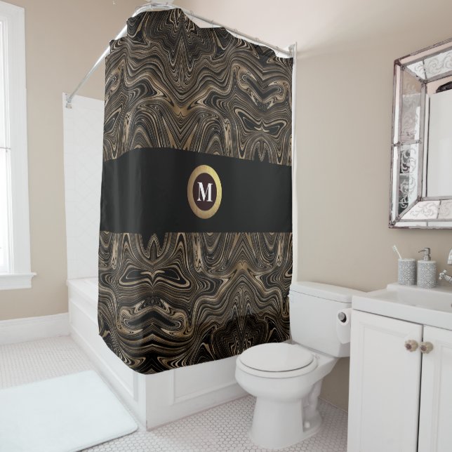 Rideaux De Douche Noir et or moderne abstrait tourbillon monogramme (En situation)