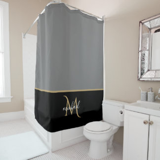 Rideaux De Douche Noir | Monogramme gris & or Elégant luxe