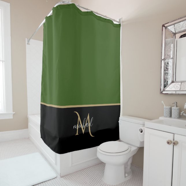 Rideaux De Douche Noir | Monogramme vert & or Elégant luxe (En situation)
