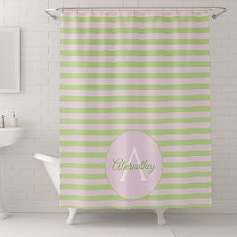 Rideaux De Douche Nom de famille monogramme rayé rose pastel vert