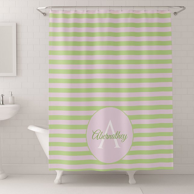 Rideaux De Douche Nom de famille monogramme rayé rose pastel vert (Personalized pastel striped shower curtain.)