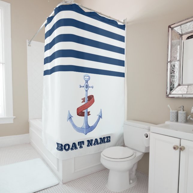 Rideaux De Douche Nom du bateau, Ancre Marine Bleu Blanc rayé (En situation)