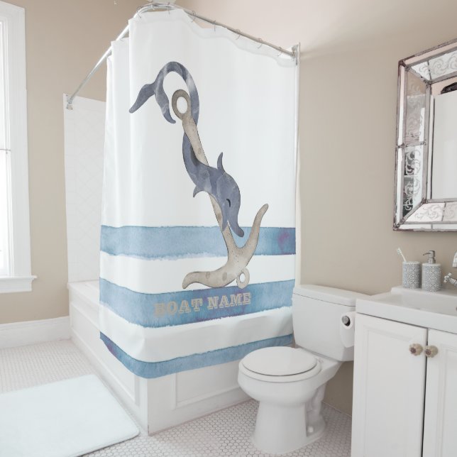 Rideaux De Douche Nom du bateau nautique, Ancre Dauphin Stripes (En situation)