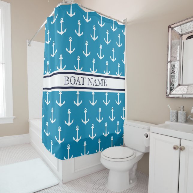 Rideaux De Douche Nom du bateau nautique du Motif Ancre bleu clair (En situation)