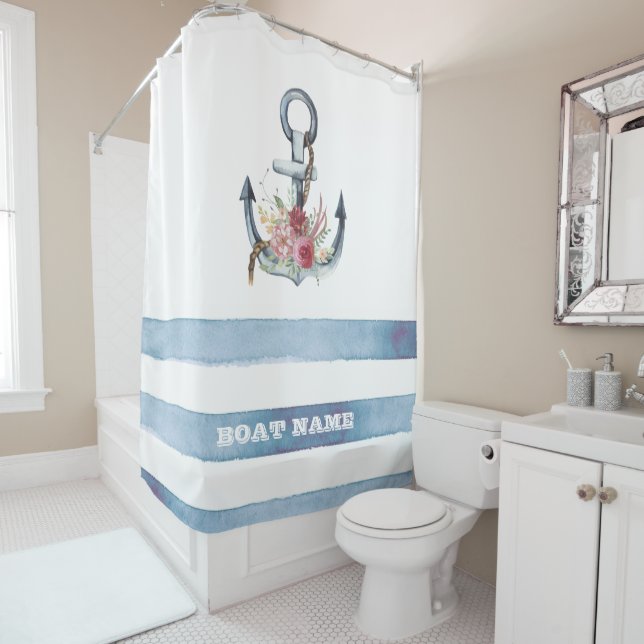 Rideaux De Douche Nom du bateau nautique, Fleurs d'Ancres rayures (En situation)