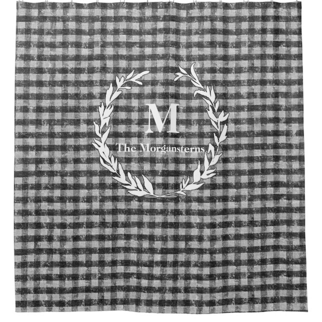Rideaux De Douche Nom du monogramme En vichy noir et blanc de l'entr (Devant)