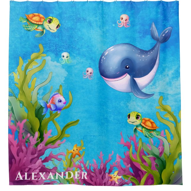 Rideaux De Douche Nom du monogramme mignon Tortue de mer côtière (Devant)