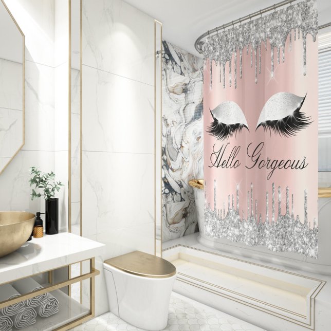 Rideaux De Douche Nom Eyelashes maquillage Rose argent gouttes fille (Name Eyelashes Makeup Silver Rose Girly Drips Shower Curtain)
