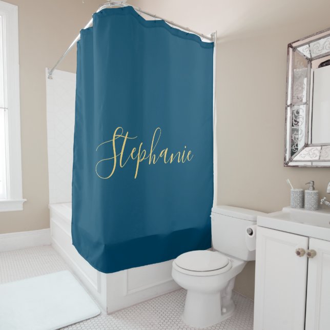Rideaux De Douche Nom Monogram Gold Blue Classy Elegant Custom (En situation)