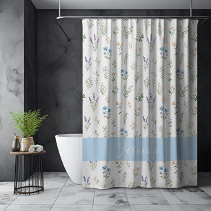 Rideaux De Douche Nom Monogramme Fleur Sauvage Bleu Lavande Bohème