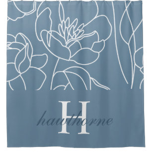 Rideaux De Douche Nom Monogramme Fleur Sauvage Élégant Moderne Bleu