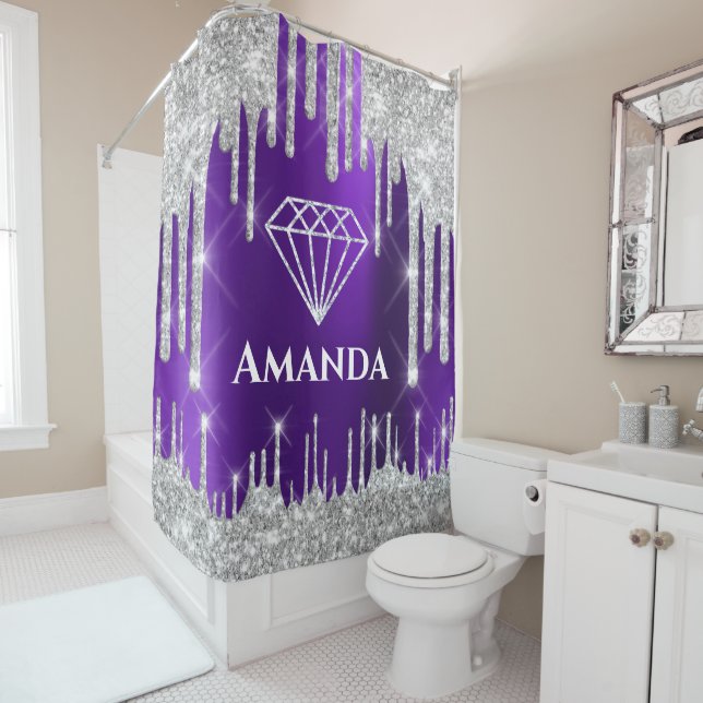 Rideaux De Douche Nom Parties scintillant nuptiale gouttes de violet (En situation)