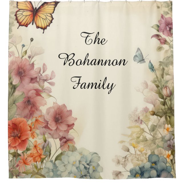 Rideaux De Douche Nom personnalisable Papillon & Floral (Devant)
