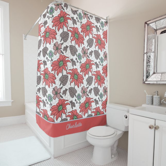 Rideaux De Douche Nom personnalisé floral transparent motif rose (En situation)