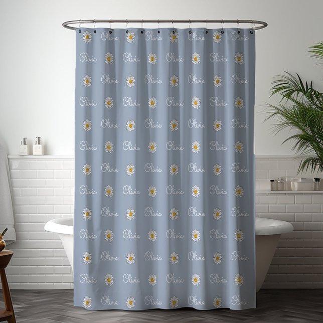 Rideaux De Douche Nom personnalisé monogramme blanc marguerite motif (In situ bathroom)