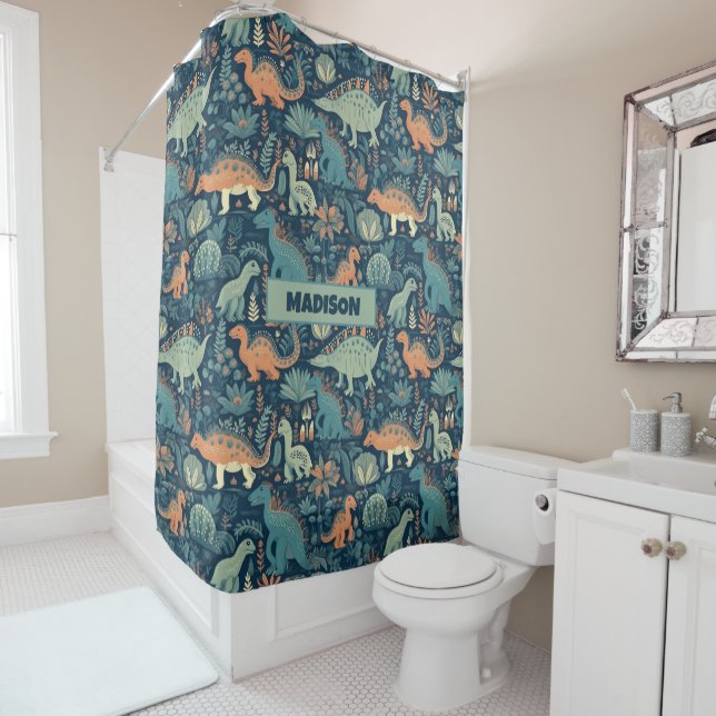 Rideaux De Douche Nom personnalisé Motif Dinosaur (En situation)